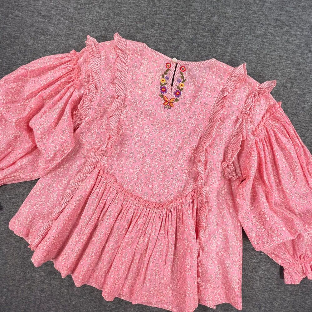 Dee Man India Sample Floral Gingham Ruffle Blouse Embroidered Back Boho S OOAK - Picture 2 of 10